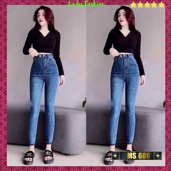 Quần Jean nữ đen trơn co giãn (kèm hình thật) ôm dáng siêu xinh, Quần bò nữ cạp cao kiểu thời trang Lady Fashion - MQ608