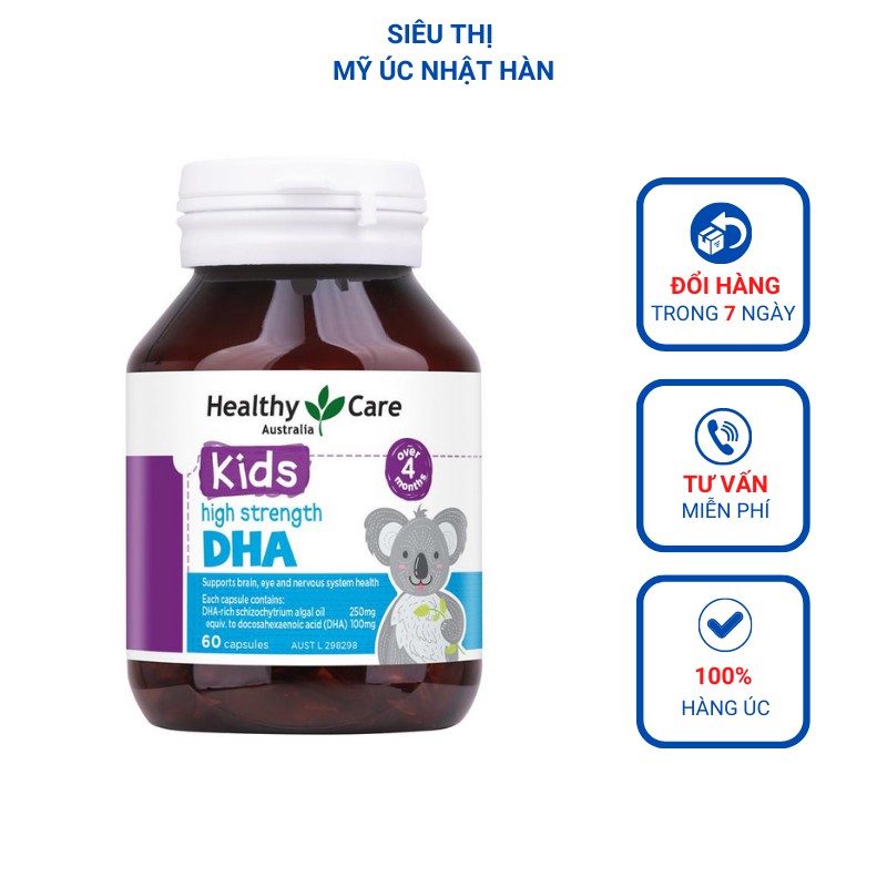 Viên uống DHA (60v) bổ sung omega-3 cho trí não bé từ 4 tháng tuối Healthy Care Kids High Strength DHA, Úc