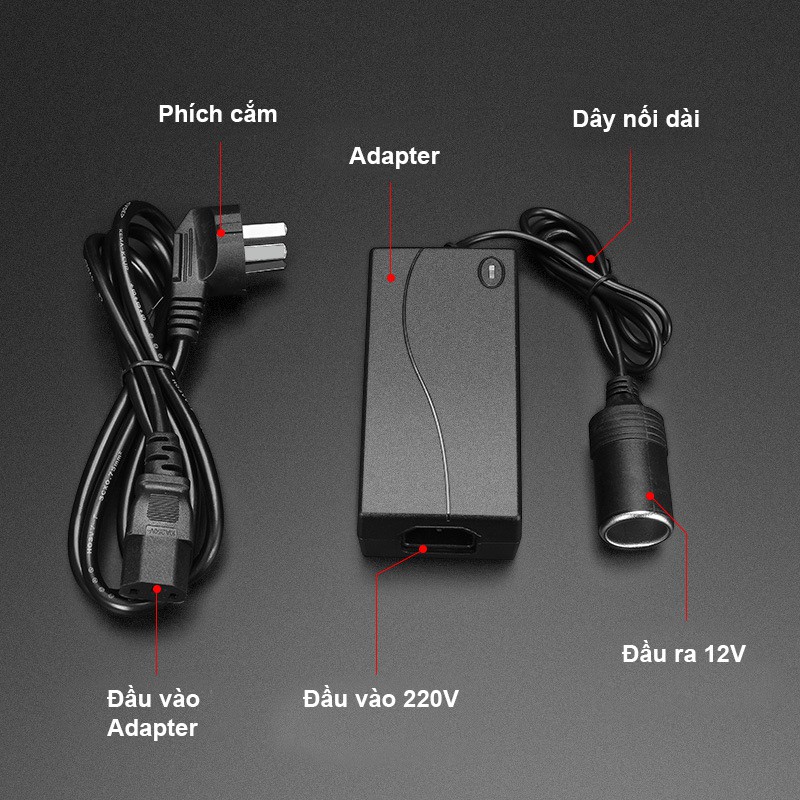 Bộ Adapter Chuyển Đổi Điện AC 220V Sang DC 12V Dùng Cho Máy Bơm Máy Hút Bụi Ô Tô Xe Hơi 60W 120W