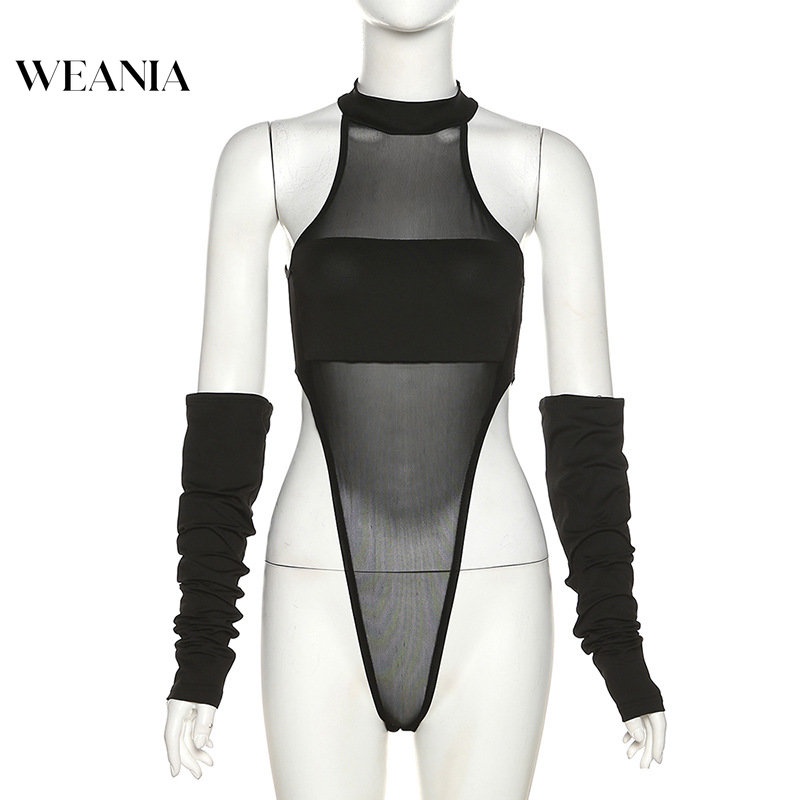 Bộ Áo Liền Quần Cổ Tròn Phối Lưới Ôm Dáng Kèm Găng Tay Gợi Cảm Cho Nữ