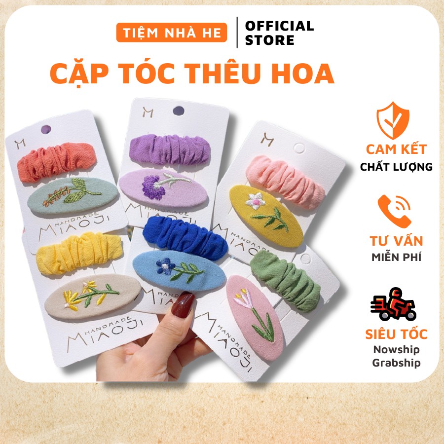 Set cặp tách kẹp tóc mái Hàn Quốc phong cách ulzzang thêu hoa handmade hot trend cho bé gái