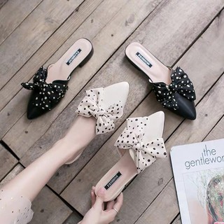 Dép sục nữ thắt nơ chấm bi bản to chất da cực mềm