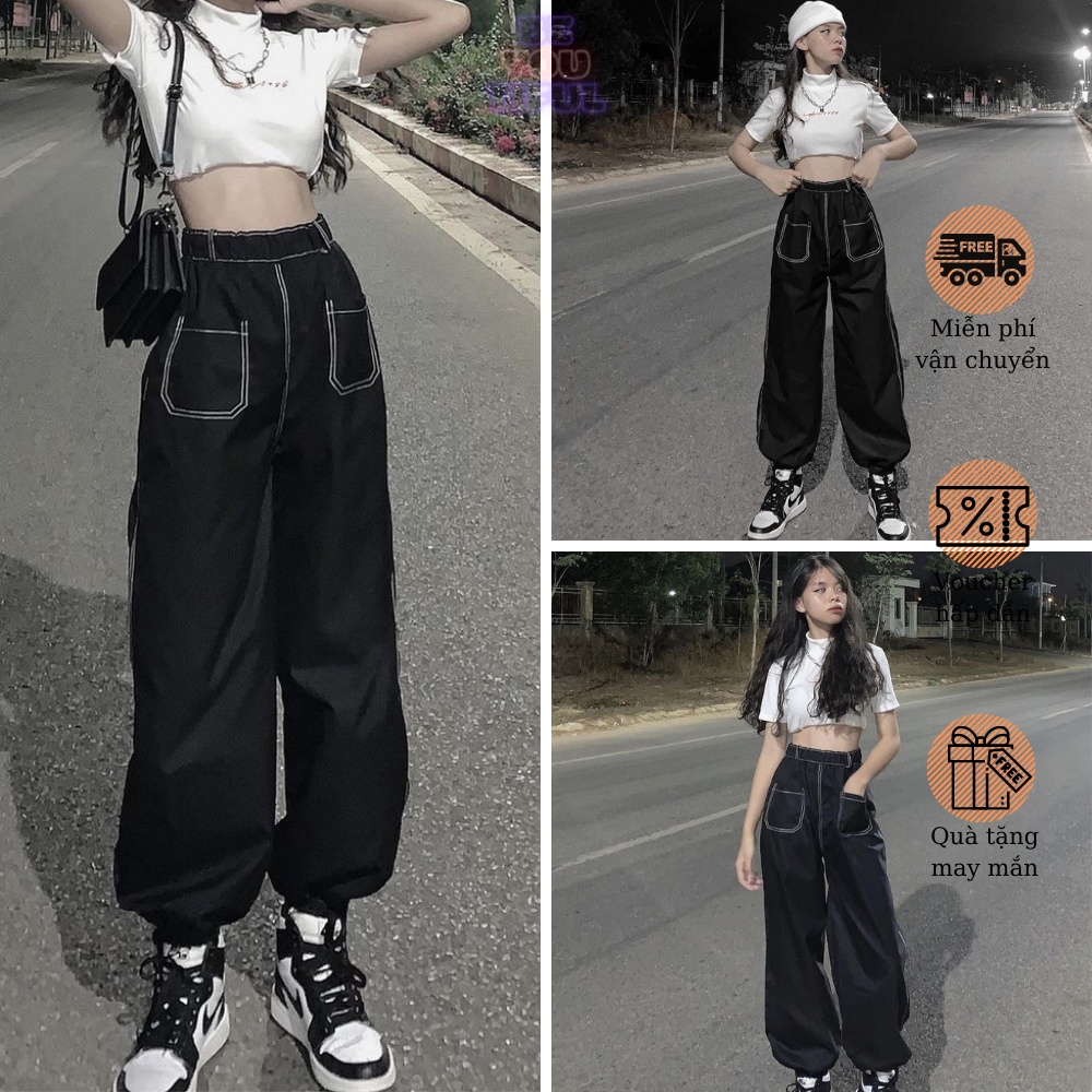 Quần baggy nữ jogger túi hộp đường may chỉ nổi độc đáo chất vải kaki thô dáng xuông ống rộng