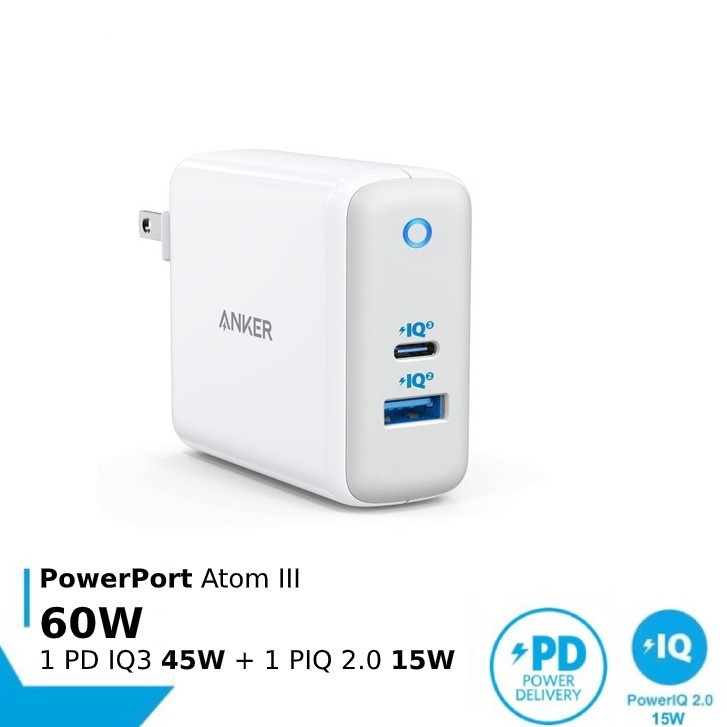 Cốc Sạc Anker PowerPort Atom PD III 2 Cổng 60W (1 Cổng USB-C 45W Và 1 Cổng USB-A 15W)