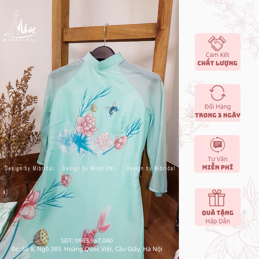 Áo dài tết màu xanh nhạt, 4 tà cổ vuông 2cm chất liệu voan tơ óng in hoa văn | BigBuy360 - bigbuy360.vn