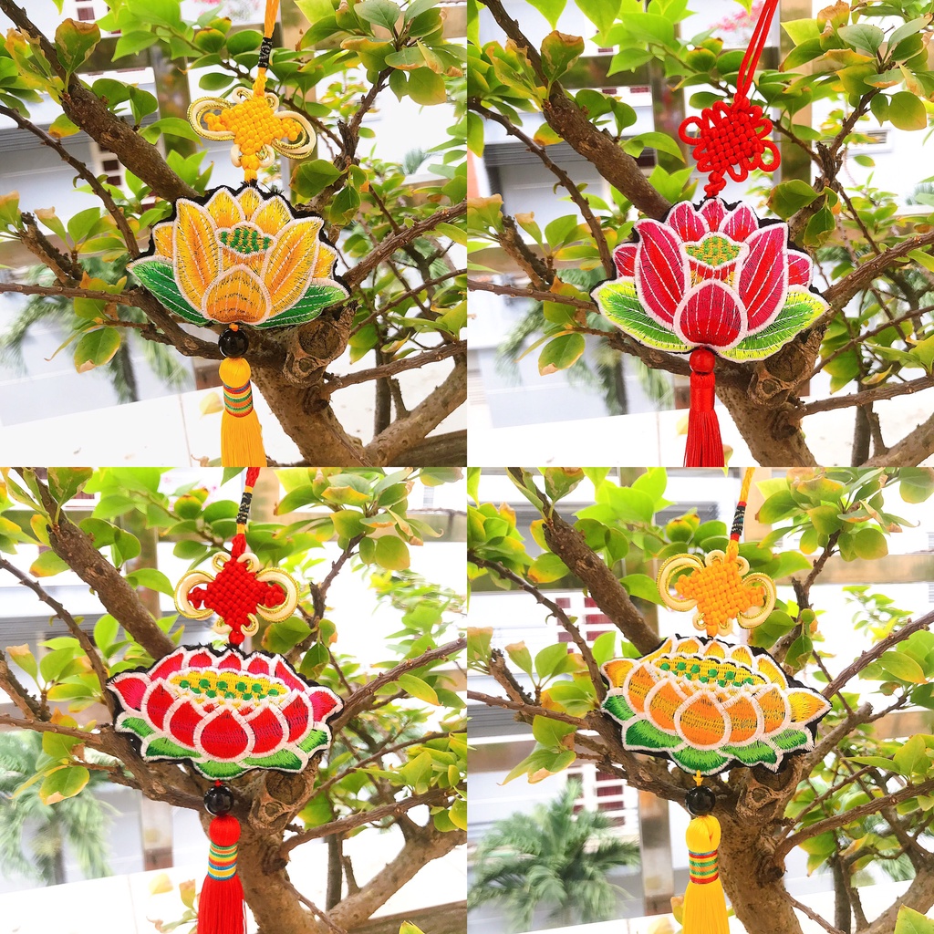 Dây treo hoa sen cát tường phong thủy đỏ hồng vàng, thích hợp để trang trí