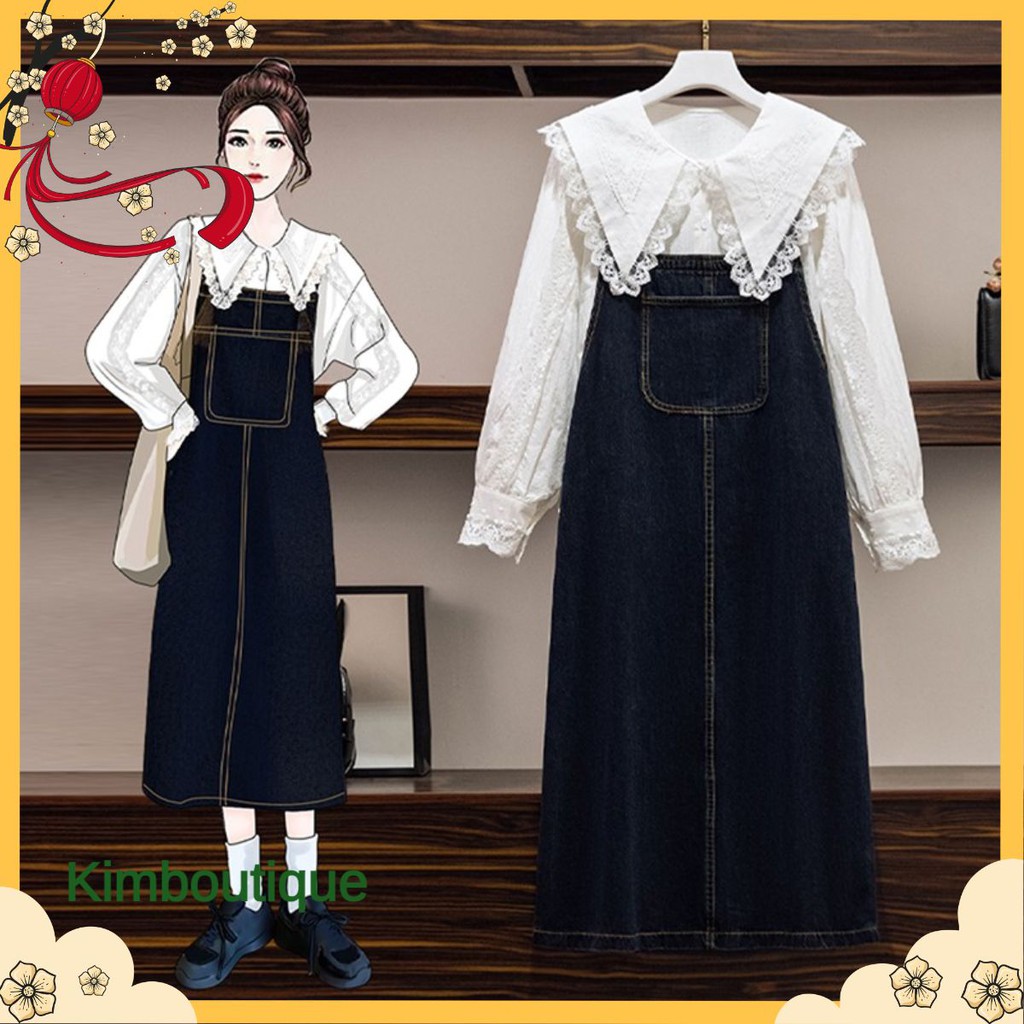 🌸Hàng Order🌸 Sét Váy Bigsize Áo Sơ Mi Cổ Bèo Viền Ren Phối Váy Yếm Trẻ Trung Năng Động 🌸Hàng Quảng Châu Chất Lượng Cao