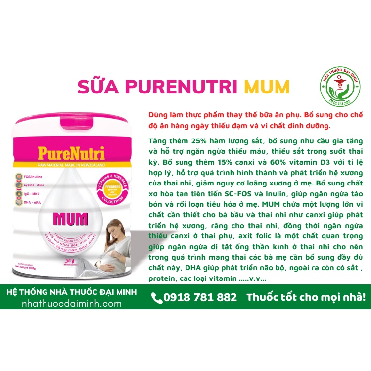 Sữa Bột PURENUTRI MUM 900g - Ngăn Ngừa Táo Bón, Hỗ Trợ Phát Triển Thai Nhi, Giảm Tăng Cân Sau Sinh