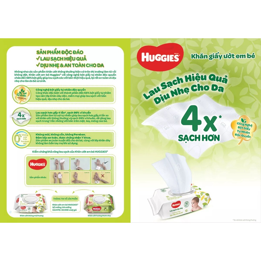 Combo 4 gói Khăn ướt Huggies Không mùi dịu nhẹ cho trẻ sơ sinh 64 miếng/gói X4