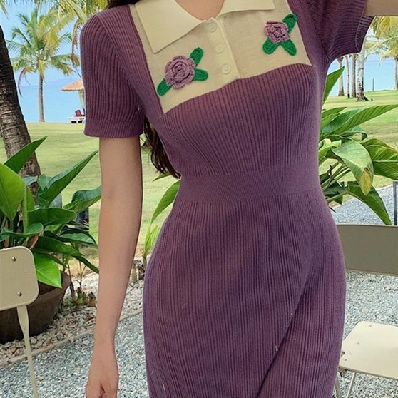 Đầm dệt kim ZHELIHANGFEI dáng dài cổ lật ôm eo thanh lịch thời trang