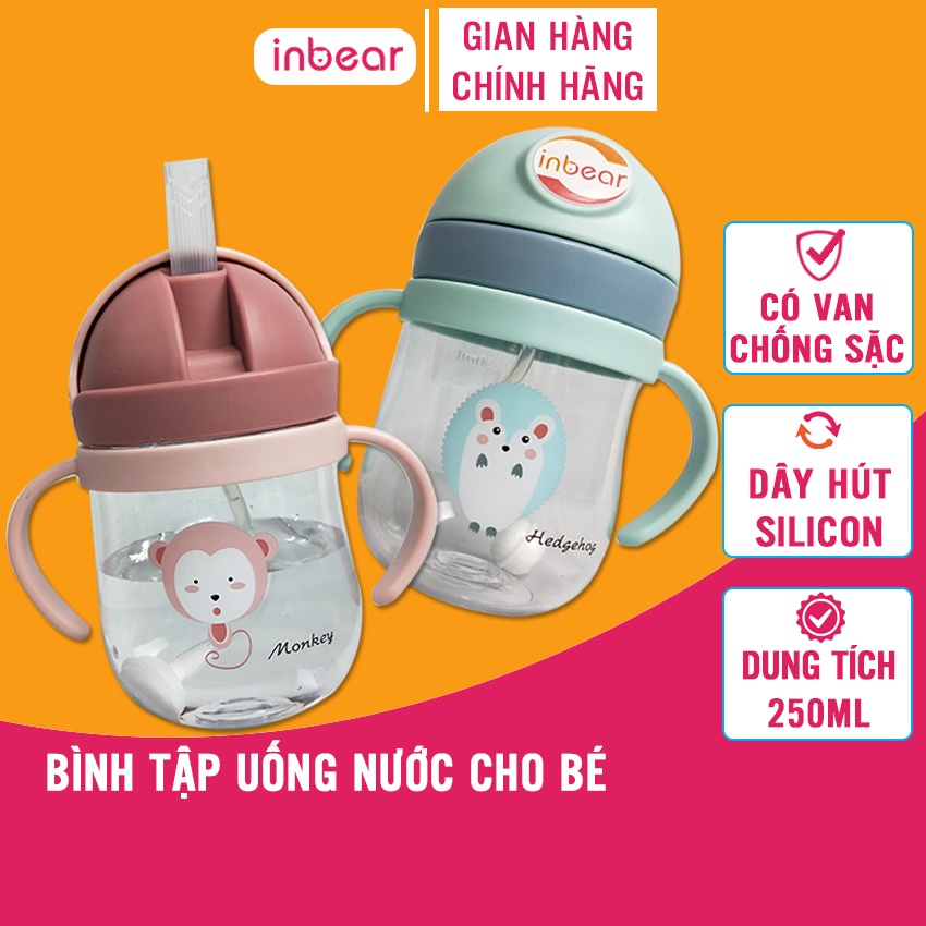 Bình Tập Uống Nước Cho Bé [Inbear] 250ml, Có Van Chống Sặc, Bình Tập Hút Có Tay Cầm, Ống Hút Silicon