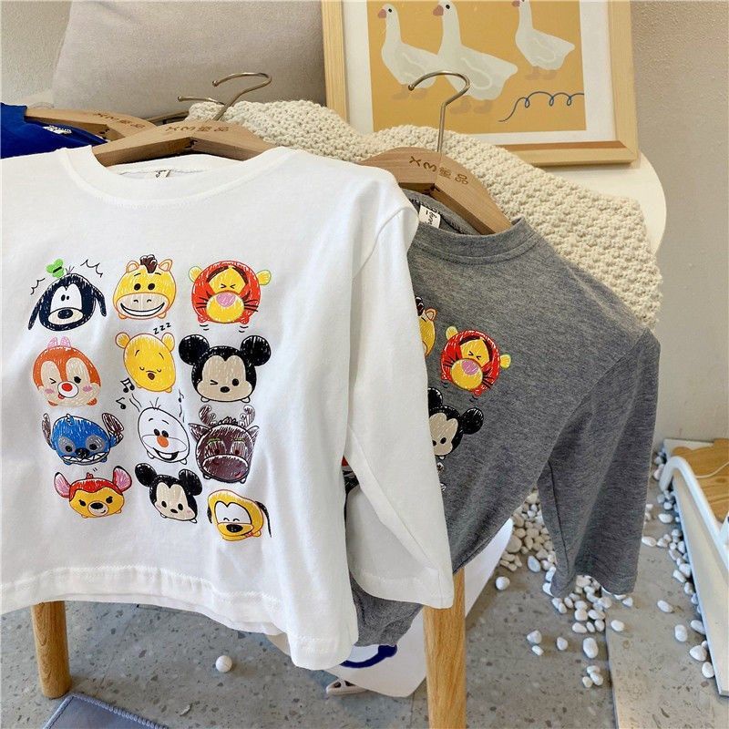 Áo Thun 100% Cotton Tay Dài In Họa Tiết Hoạt Hình Phong Cách Hàn Quốc Dành Cho Trẻ Em