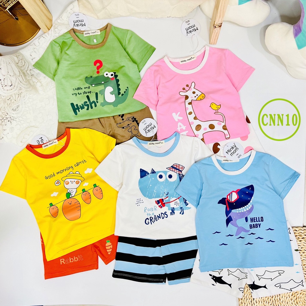 [Bé 7-19kg] Bộ Ngắn Tay In Hình Phối Quần Minky Mom Cotton 100% Mềm Mịn Cho Bé Trai Bé Gái Từ 7-19kg