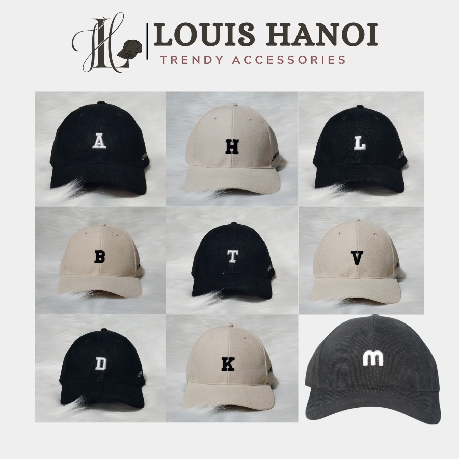 Mũ / Nón Lưỡi Trai Vải Nhung Cao Cấp Thêu Chữ Cái A B C D H K L T V P S M N Q V ❤️ 2 Màu Đen, Be - Louis Hanoi