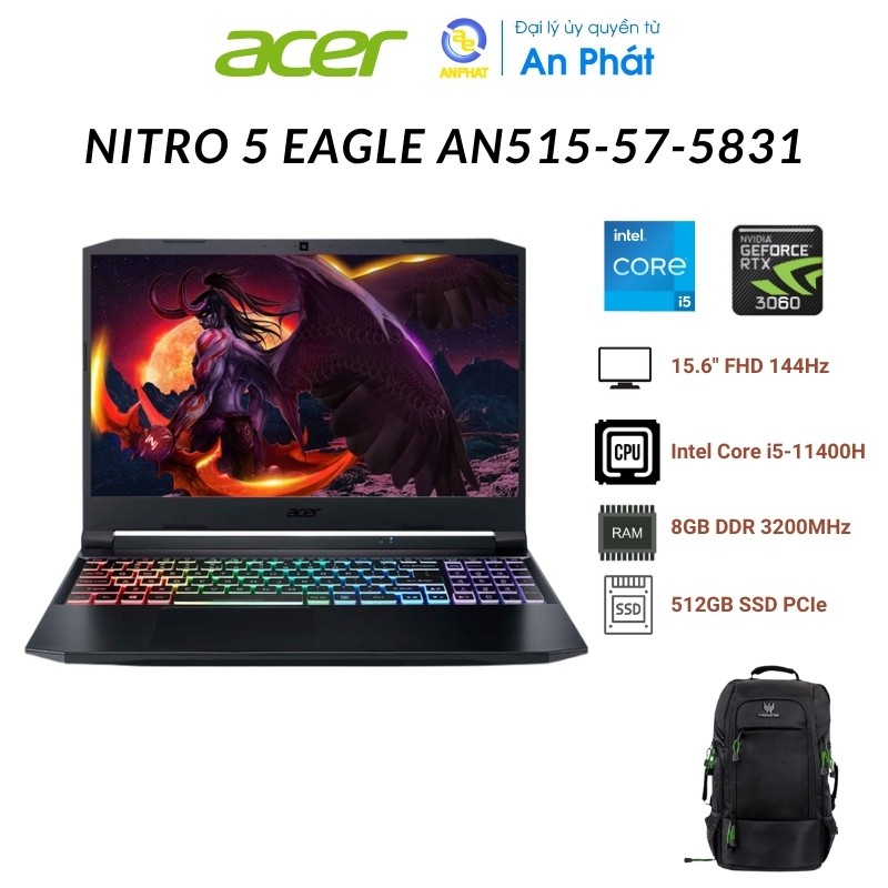 Laptop Acer Nitro 5 Eagle AN515-57-5831 NH.QDGSV.003 (Core i5-11400H | 8GB | 512GB | RTX 3060 6GB | 15.6 inch FHD|Win10