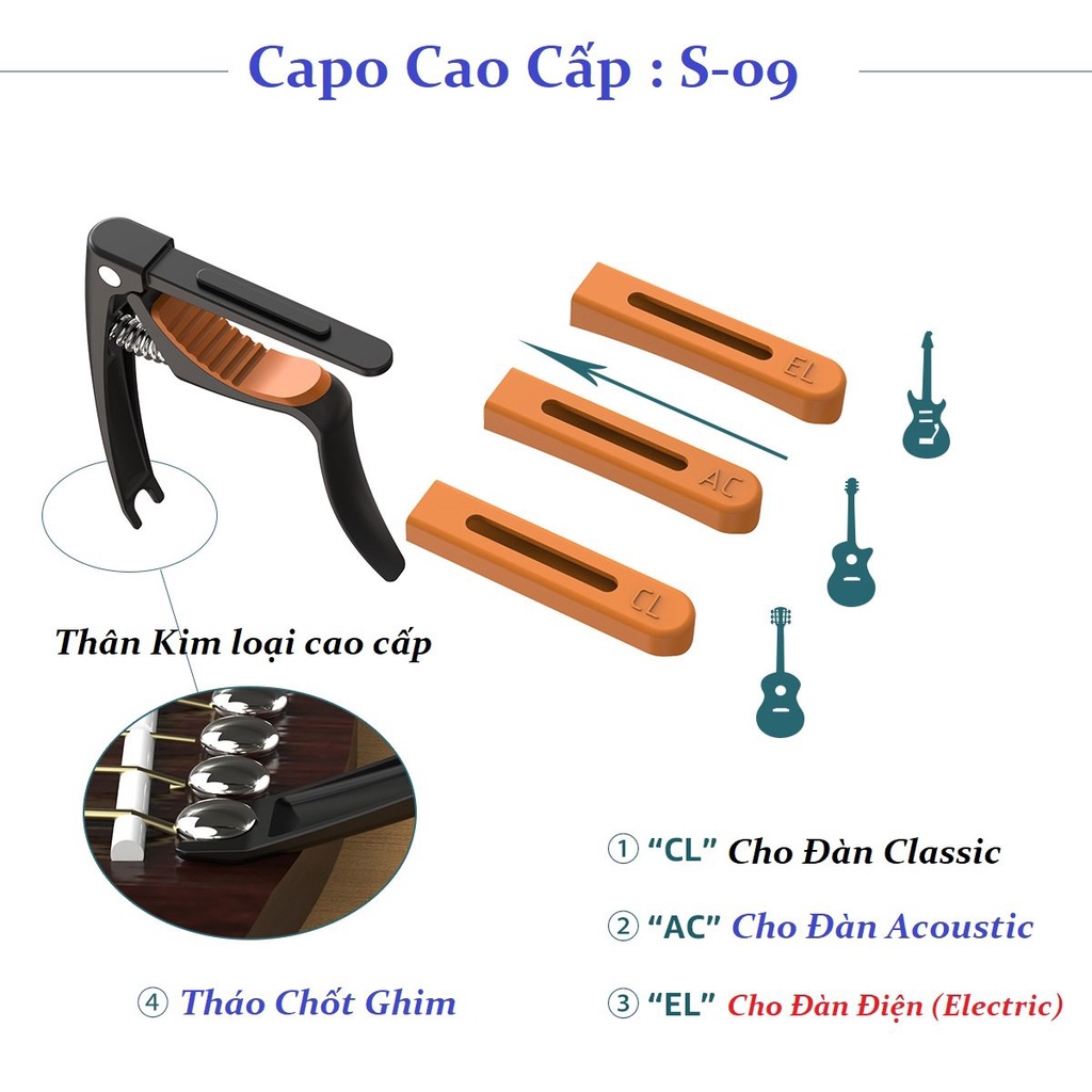 Capo Kim Loại 3 Đầu cao cấp chất lượng S09 cho đàn guitar điện Acoustic / Cổ điển Classic