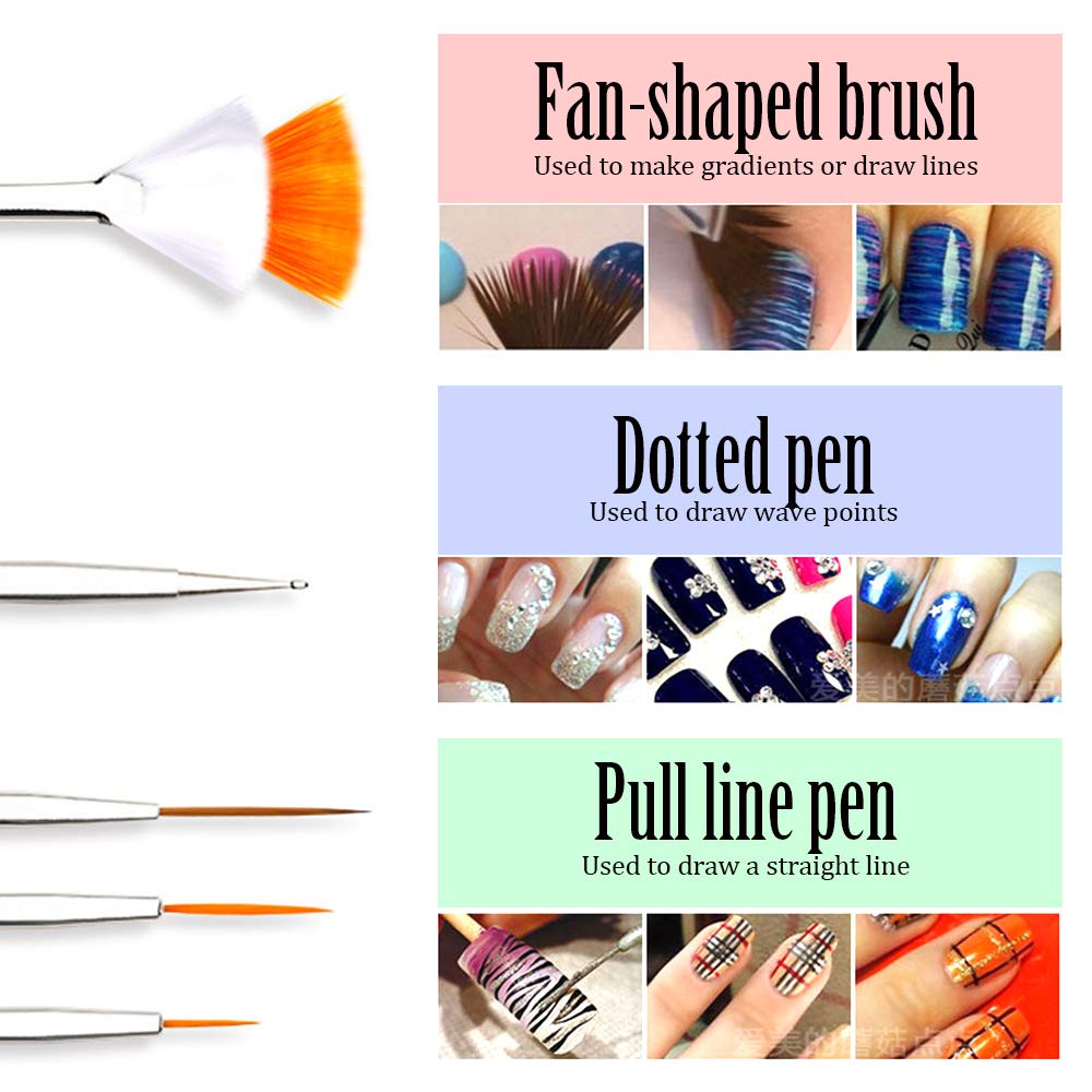 15 pcs cọ vẽ móng tay Set 5 bút chấm hai đầu Cọ Vẽ Móng Tay 3D Với 15 Dải Băng Keo Dán 2 hộp kim cương giả