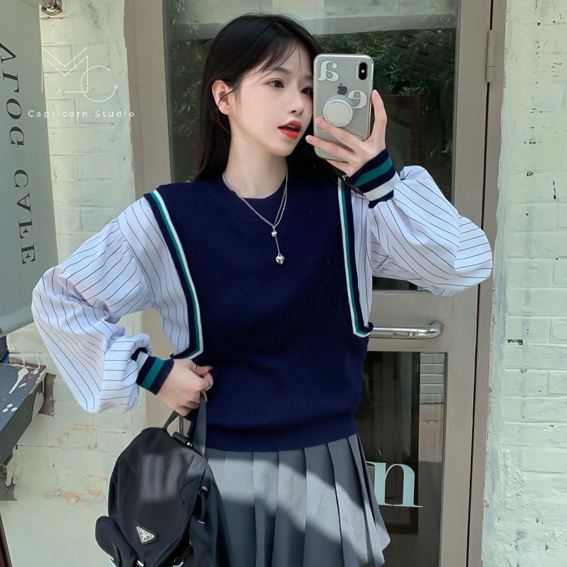 Áo sweater giả áo gile và tay sơmi độc đáo phong cách Hàn Quốc Ulzzang