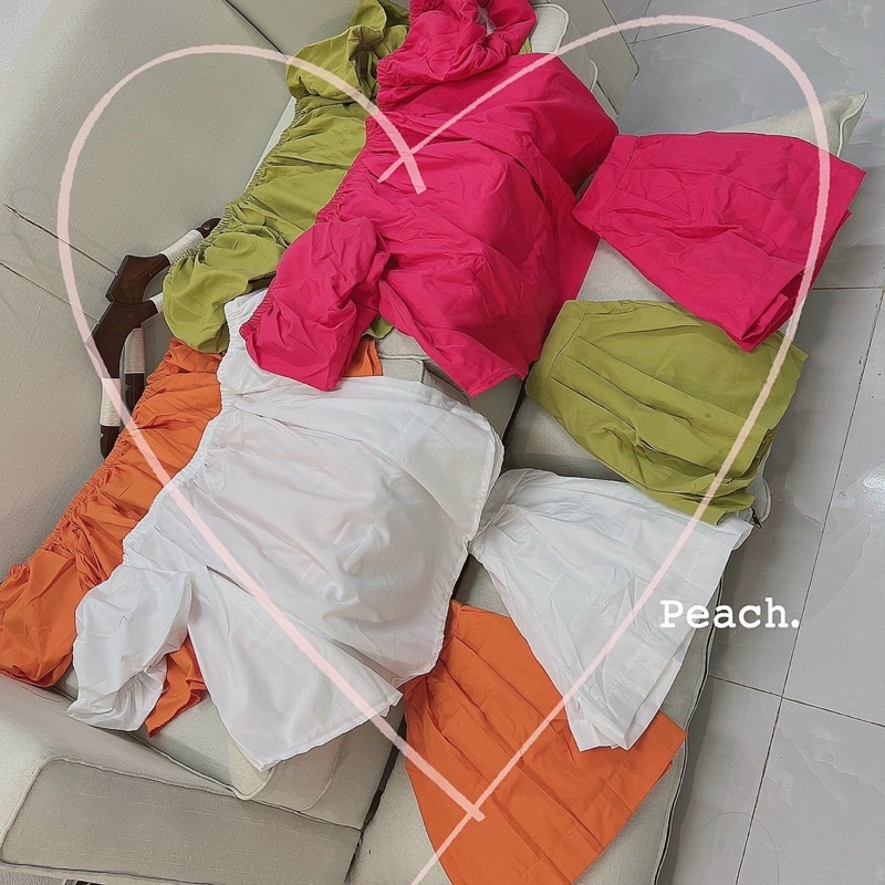 Set bộ áo trễ vai và quần đùi short, bẹt vai đi biển mùa hè mặc nhóm màu sắc Sun Fashion