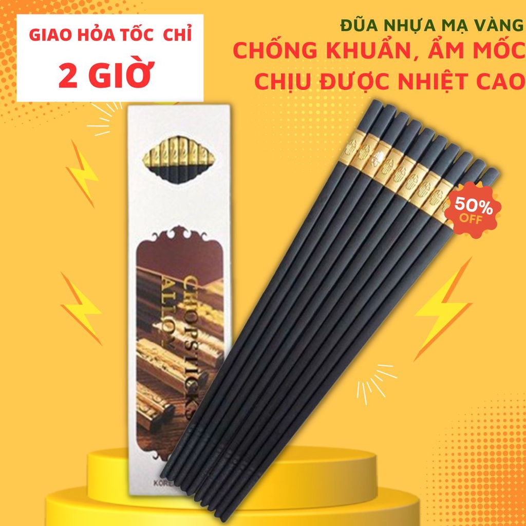 Đũa Mạ Vàng Hàn Quốc Đũa Nhựa Đen Nhật Cao Cấp Chống Trơn Chống Mốc Chịu Nhiệt Bộ 10 Đôi Đũa