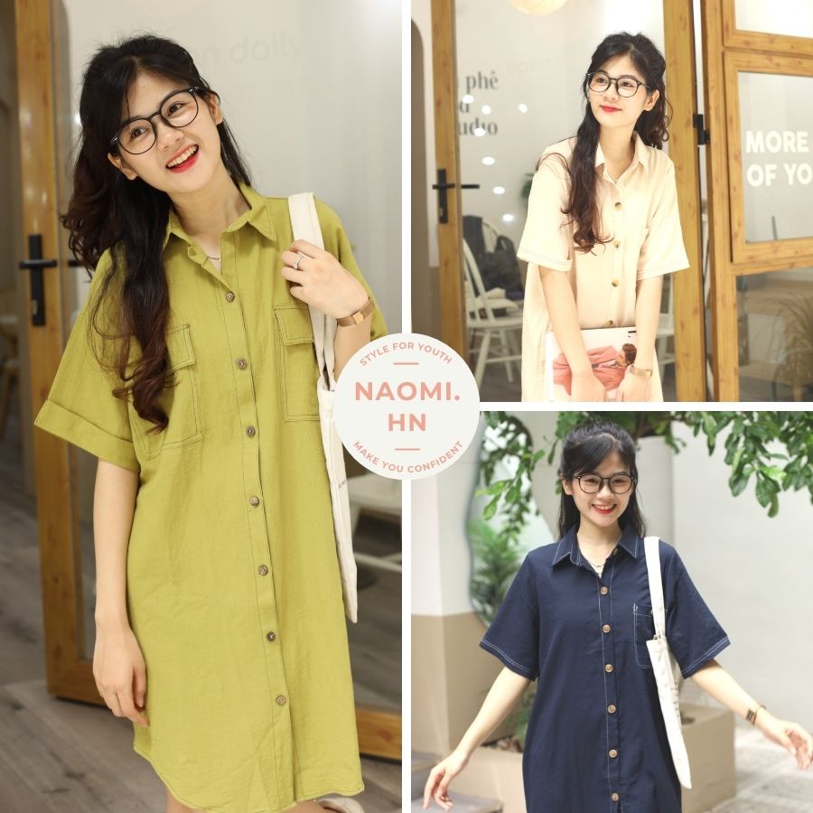 Váy sơ mi cộc tay dáng dài viền chỉ nổi cúc giả gỗ 3 màu hothit. Váy xuông form rộng viền chỉ nổi túi ngực cúc gỉa gỗ.