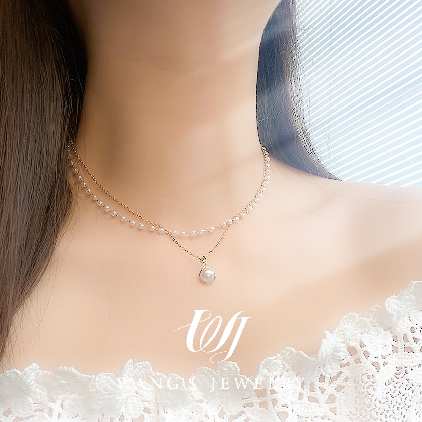 Vòng cổ Hai Lớp Mạ Vàng 18K Đính Ngọc Trai Phong Cách Hàn Quốc