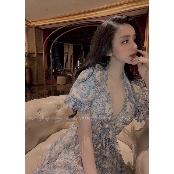 Đầm xòe họa tiết thổ cẩm bèo nơ ngực hở lung-Đầm maxi biển