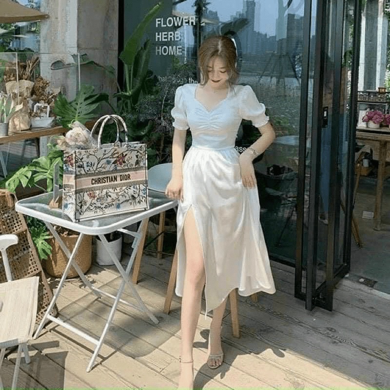 Đầm Trắng Công Chúa Tay Bồng Chất Phi Lụa 2 Lớp Có Mút Ngực Mặc Đẹp Dáng Xinh [NEW UNISEX]