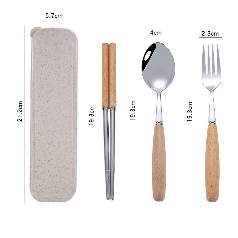 Bộ Thìa Đũa Dĩa Cán Gỗ Chất Liệu Inox Sáng Bóng Kèm Hộp Đựng