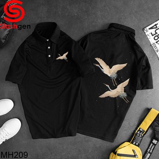 Áo Thun Nam Có Cổ  MH209 Polo Đen 2 Con Hạc Vàng Xanh Sau Lưng 1 Hạc Ngực trái [40kg-110kg]