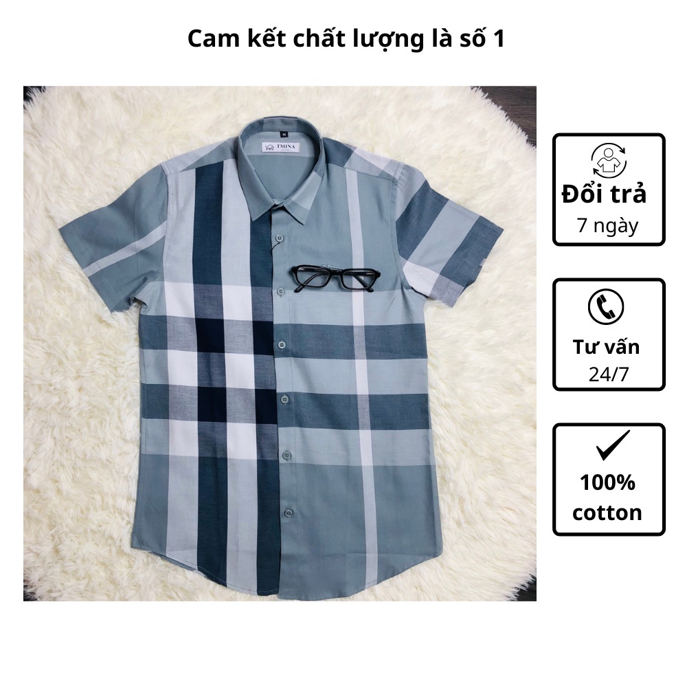 Áo sơ mi kẻ burberry tay ngắn vải cotton , bbr cộc tay kẻ to thoáng mầu xanh ghi - Hàng mới về !
