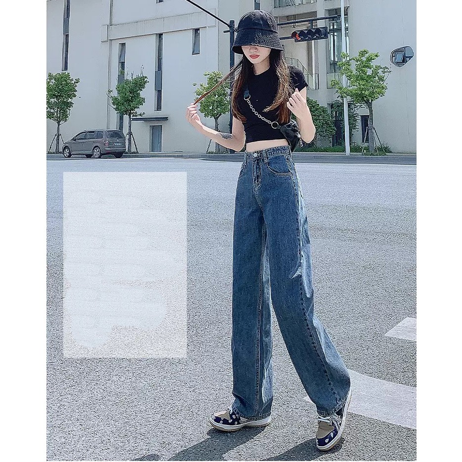 QUẦN JEAN ỐNG RỘNG NỮ LƯNG CAO FORM DÀI RỘNG XANH ĐẬM CAO CẤP UTI HOT HIT THỜI TRANG
