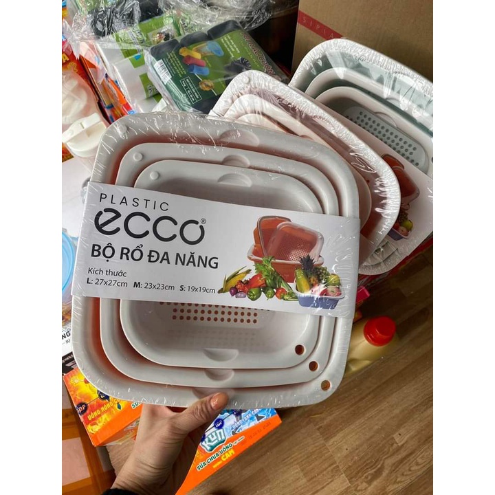 Bộ rổ 6 món kèm chậu nhựa vuông cao cấp bền bỉ. Set 3 rổ kèm 3 thau đựng đồ dày dặn Ecco