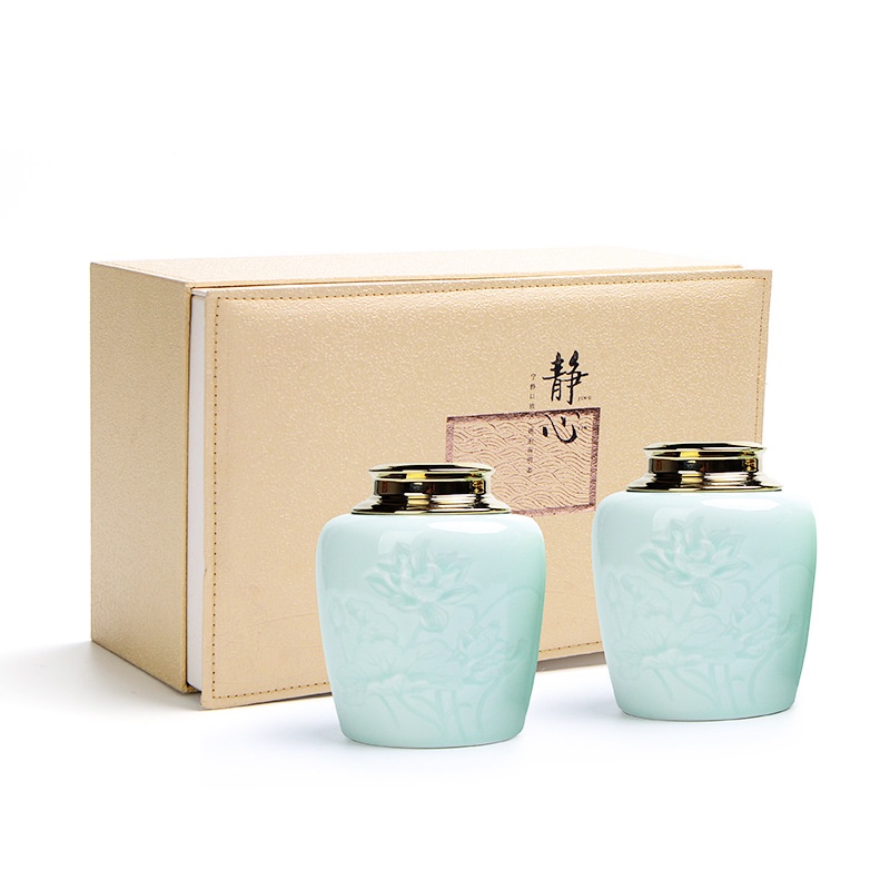 Hũ, Bình đựng trà bằng sứ men ngọc cao cấp với họa tiết hoa sen khắc chìm