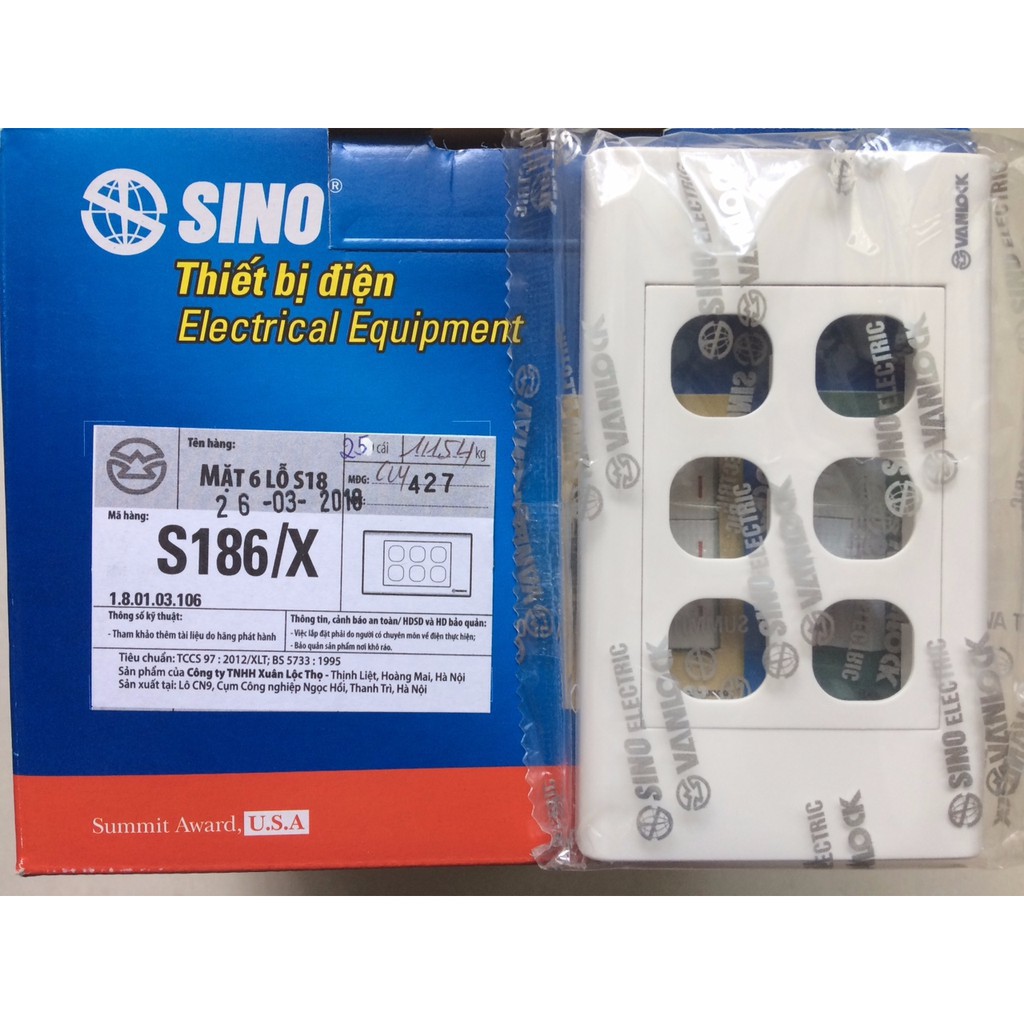 Mặt 6 lỗ công tắc Sino Vanlock S186X (Seri S18)