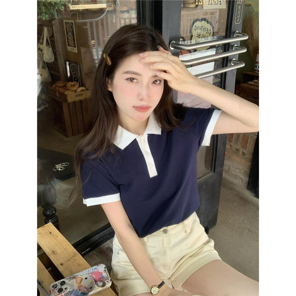 Áo Thun polo Ngắn Tay Màu Tương Phản Phong Cách Hàn Quốc Thời Trang Mới 65406
