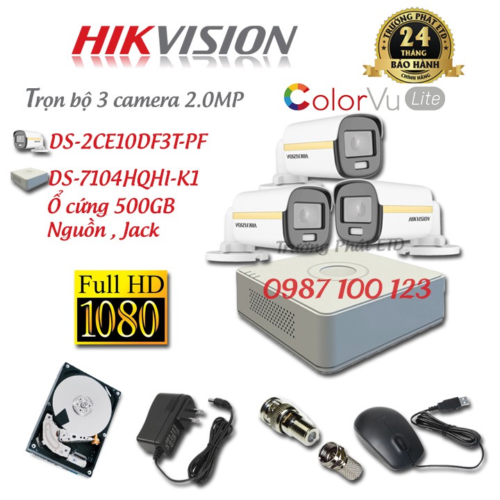 Trọn Bộ (2-8) Camera HIKVISION 2MP Có Màu 24/24 DS-2CE10DF3T-PF full HD1080 - Full Phụ Kiện - Hàng Chính Hãng