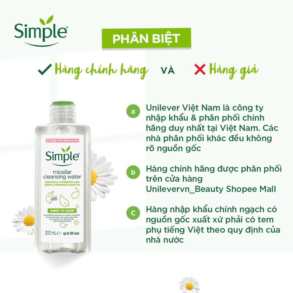 Nước Tẩy Trang Simple Micellar 200ml Làm Sạch Trang Điểm Skincare Chăm Sóc Dưỡng Da Vượt Trội