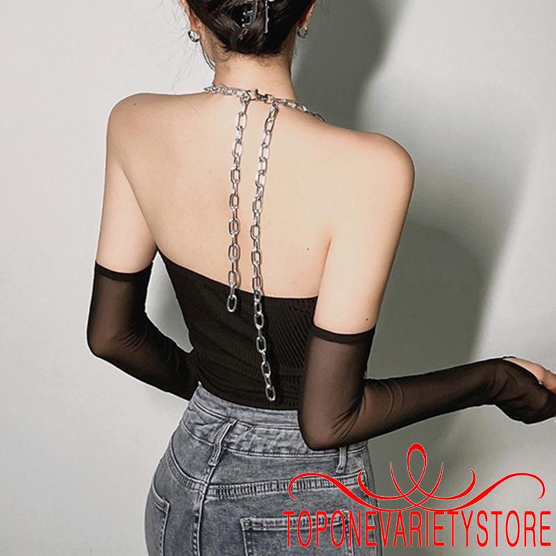 Topone Áo Liền Quần Dài Tay Phối Lưới Thời Trang Cho Nữ