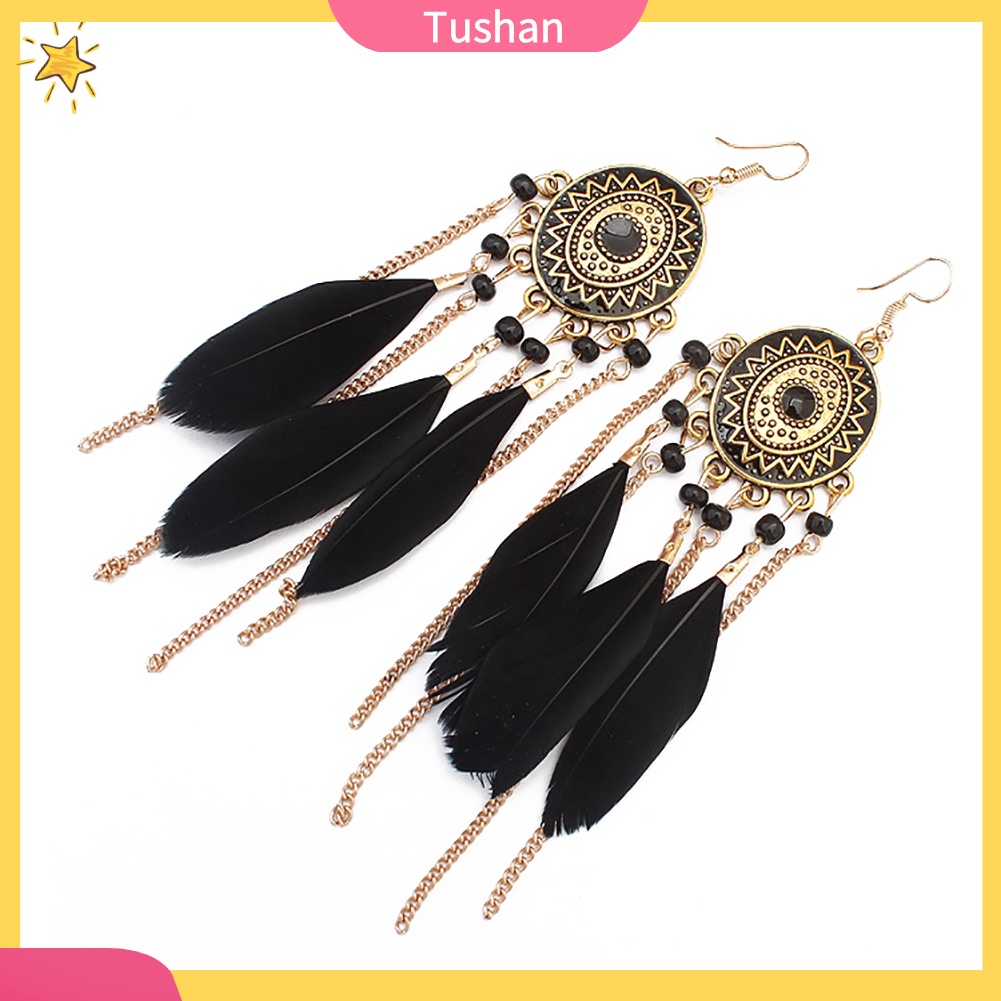 Đôi Bông Tai Dáng Dài Phối Lông Vũ Phong Cách Vintage Cho Nữ