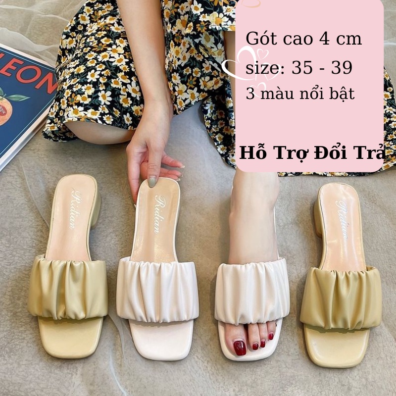 Giày cao gót 5cm quai xếp nhúm, Guốc dép đế vuông siêu Hot quai nhún bèo N17