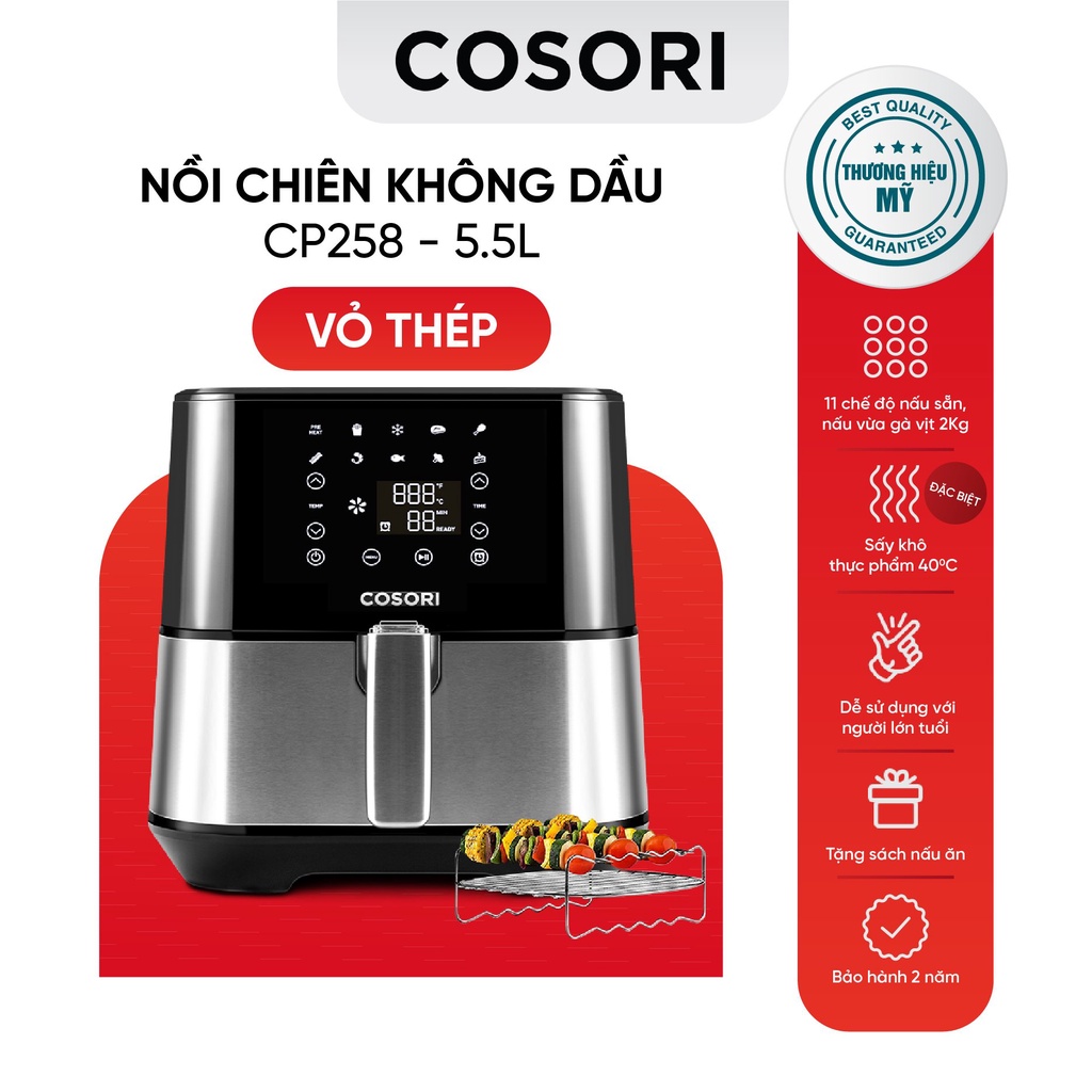 Nồi chiên không dầu Cosori CP258-AF-RAM (5.5 lít) Vỏ thép - Chính hãng bảo hành 2 năm