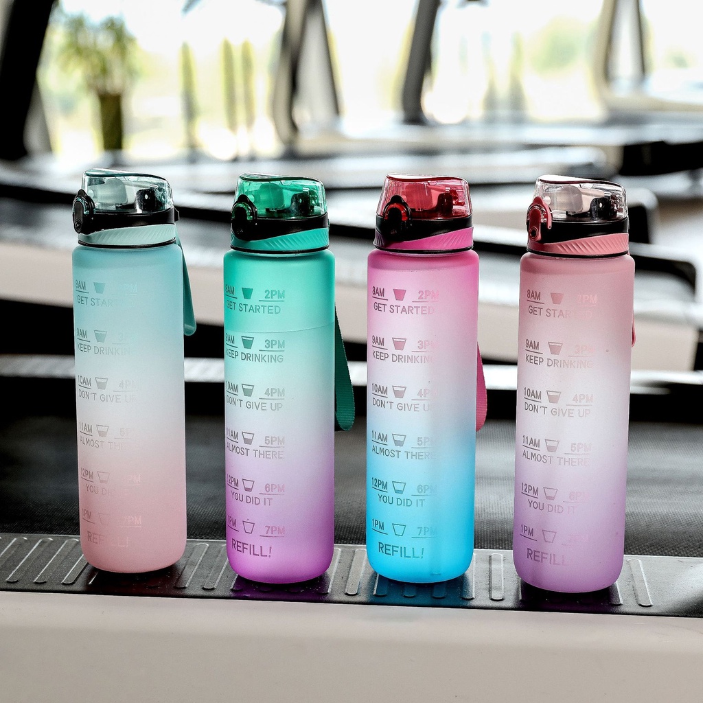 Bình nước thể thao 1000ml có ống hút với vạch chia lượng nước và mức thời gian độc đáo