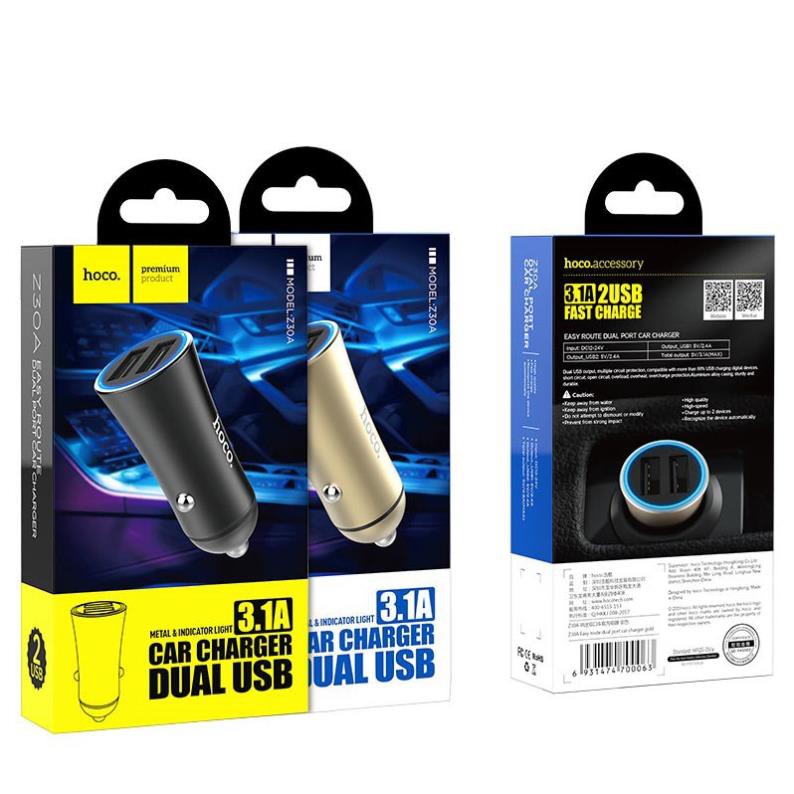 CÓC TẨU SẠC Ô TÔ HOCO Z30A 2 CỔNG USB 3.1A HỢP KIM NHÔM ĐÈN BÁO LED CHO XE HƠI [HOCO ĐÀ NẴNG]