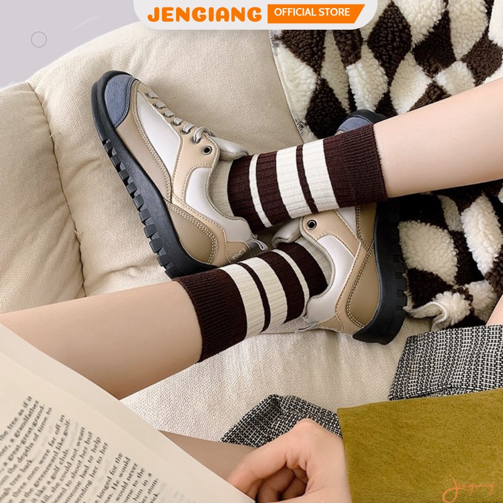 Tất vớ nữ nam cổ cao trắng sọc nâu gấu set 5 đôi phong cách ulzzang Hàn Quốc vải cotton co giãn thoáng khí