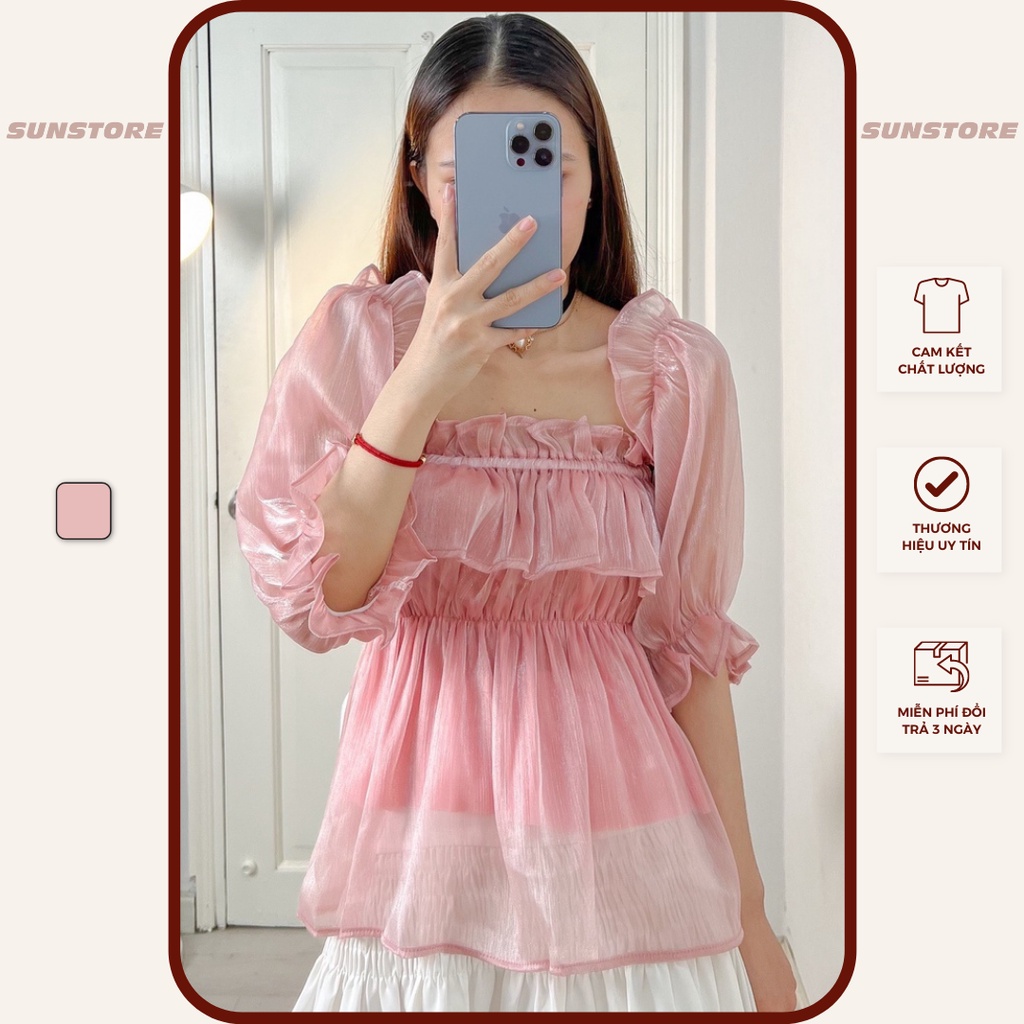 Áo trễ vai kiểu nữ tay phồng xinh xắn chất liệu vải organza freesize màu hồng