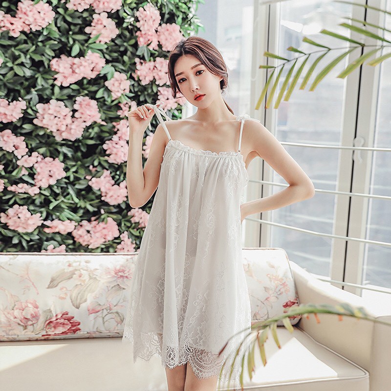 [HÀNG CAO CẤP] Đầm ngủ hai dây suông phối ren dễ thương (kèm hình thật shop chụp) | BigBuy360 - bigbuy360.vn