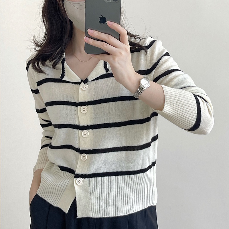 【ZHELIHANGFEI】Áo Cardigan Dệt Kim Dáng Rộng Họa Tiết Kẻ Sọc Dễ Phối Đồ