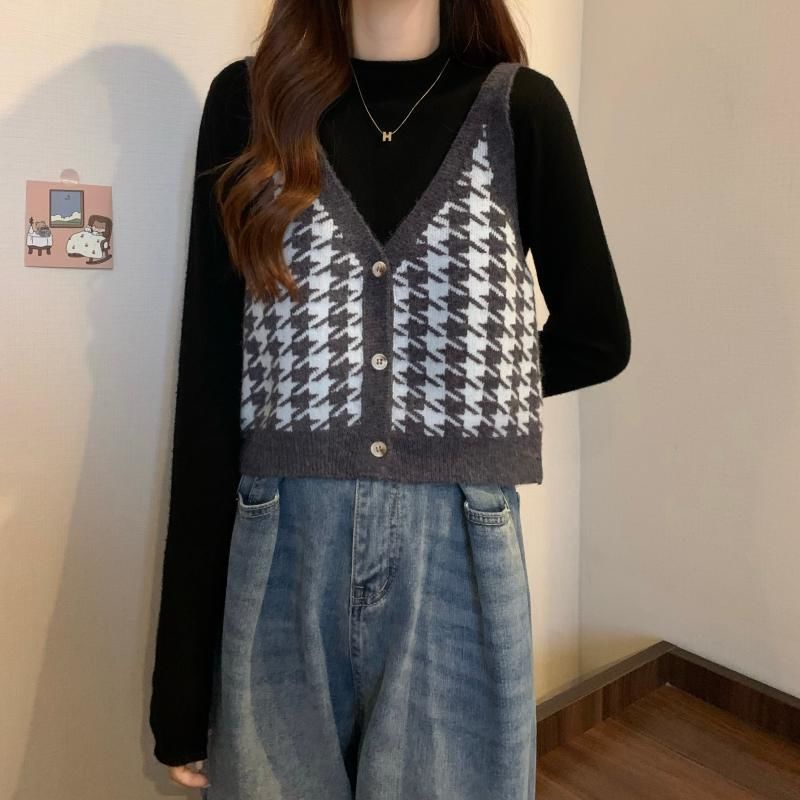 Áo Sweater Dệt Kim Không Tay Màu Sắc Tương Phản Phong Cách Hàn Quốc Cho Nữ