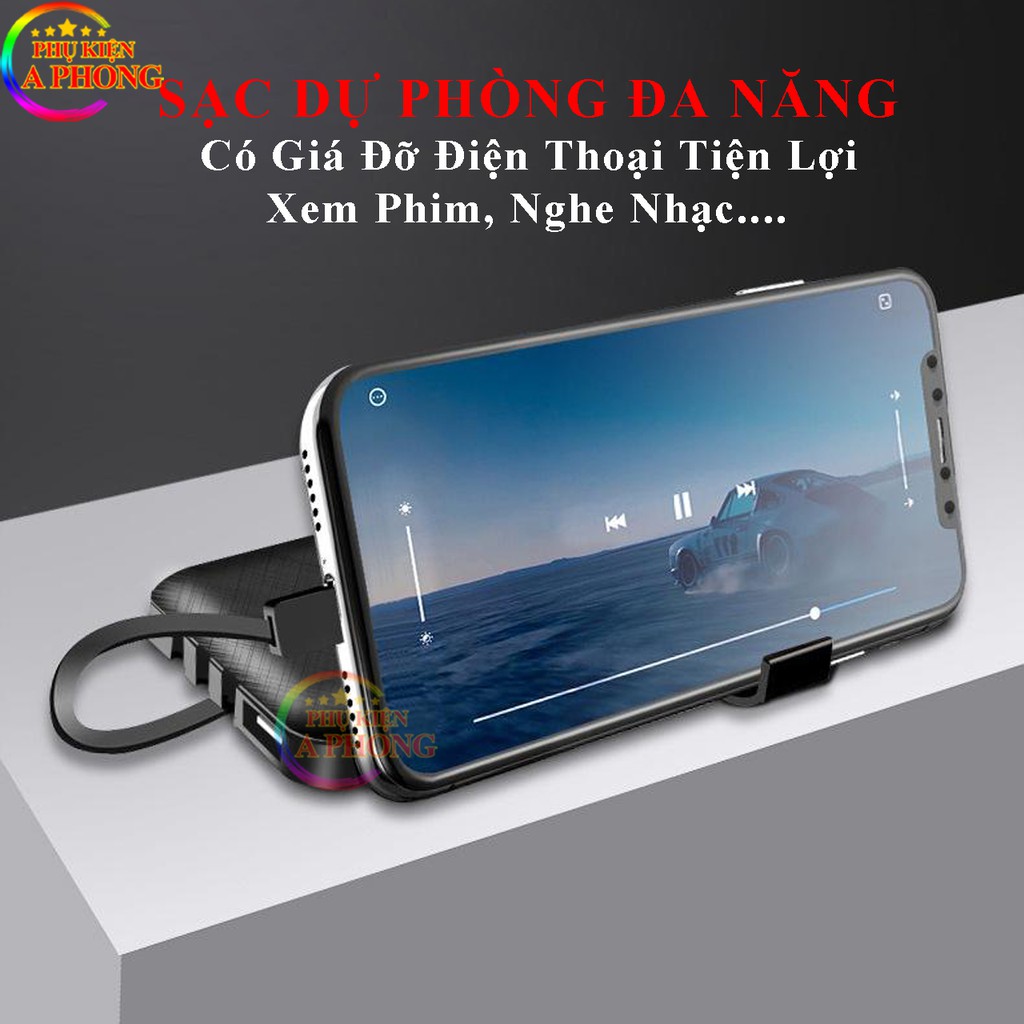 [3 trong 1] Sạc Dự Phòng Tích Hợp 3 Cáp Sạc Micro, Lingtning, TypeC, Có Đèn Pin, Có Đế Xem Phim, Pin Chuẩn 10.000 mAh